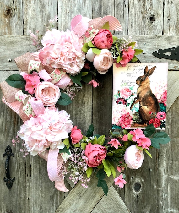 Welcome Spring BUNNY Easter Wreath with burlap ribbon, easter decor, door wreath, spring wreath