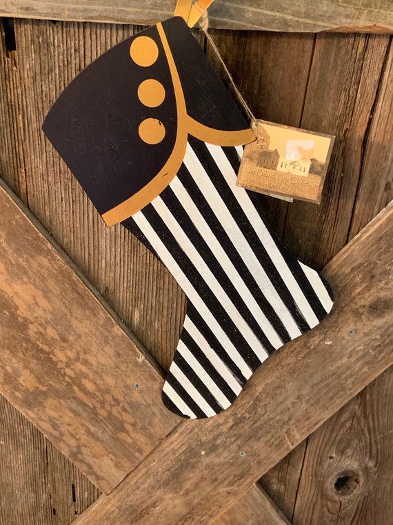 STOCKING BLACK and WHITE stripe with Gold Metal xl Ornament, Christmas xl Stocking Ornament, Black and White Stripe with Gold Metal Stocking