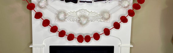 WHITE POM POM garland, Valentines decor, Valentines fireplace mantle pom pom garland