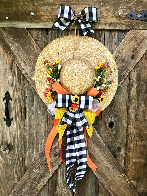 STRAW HAT wreath, Summer Spring Door hat hanger, straw hat decor, straw hat decor, buffalo plaid summer wreath, summer sign