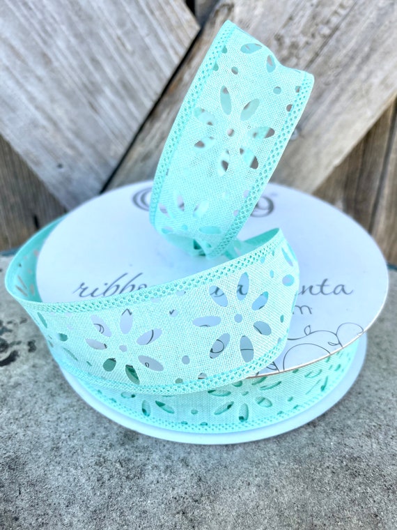 Flower MINT wired RIBBON 1 1/2 inch X 25 yards