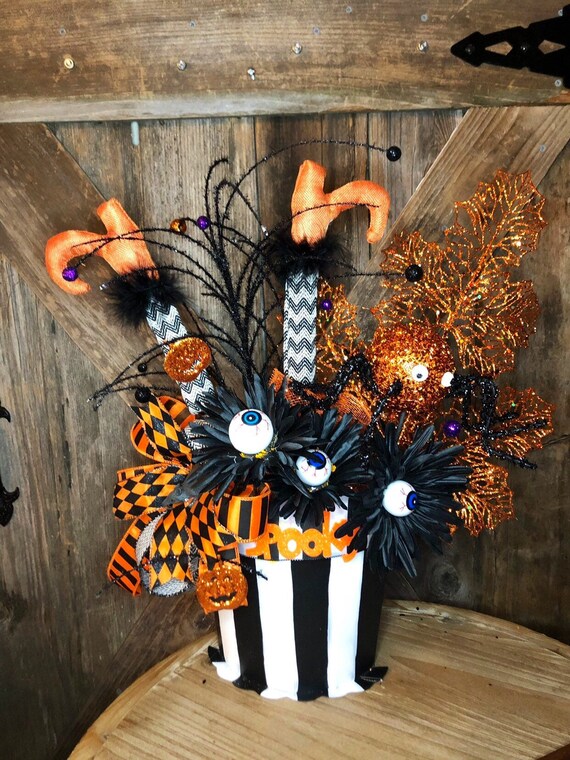 HALLOWEEN WITCH leg spider, rat, eyeball Arrangement,black & white metal bucket witch arrangement