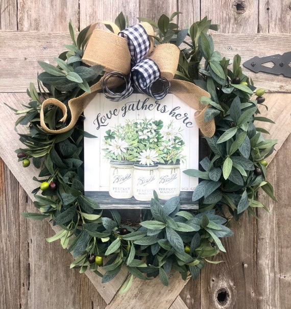 LOVE GATHERS Here Valentines greenery olive WREATH burlap Buffalo check bow, burlap ribbon wreath, olive and greenery decor, everyday wreath