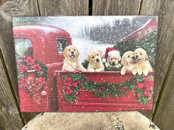CHRISTMAS PUPPIES Red TRUCK wood sign