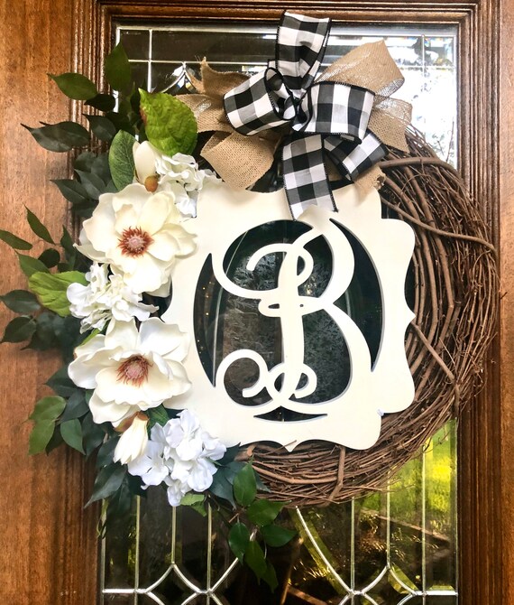 MONOGRAM Grapevine wreath, spring white magnolia hydrangea burlap wreath, monogram door sign