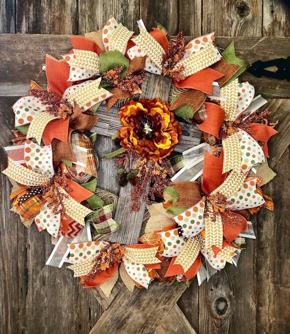 FALL CROSS WREATH, orange mum wooden cross wreath, mesh ribbon fall wreath