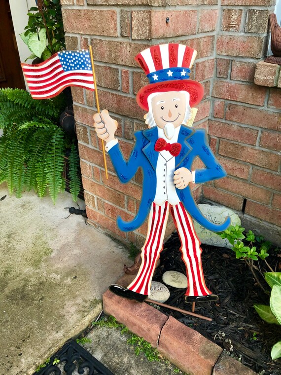 PATRIOTIC UNCLE SAM metal sign, July 4th decor, Round Top Collection sign, flag yard art