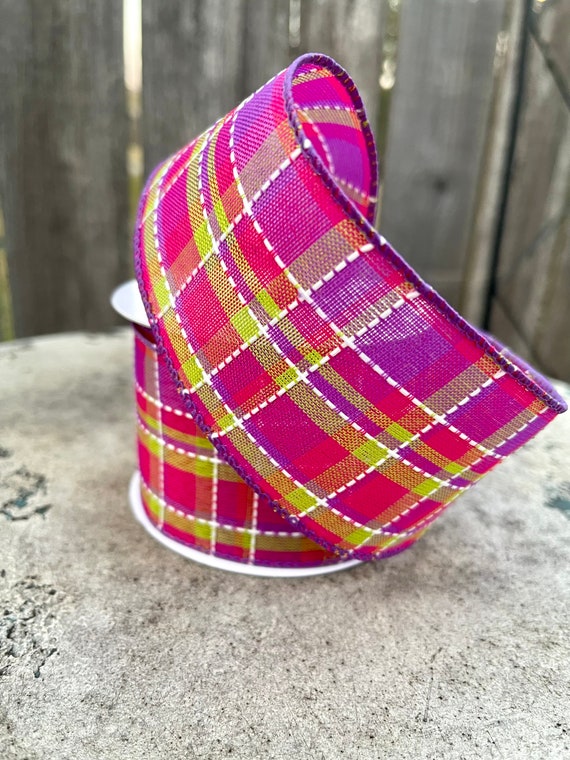 PINK plaid wired RIBBON 2 1/2 inch x 5 yards