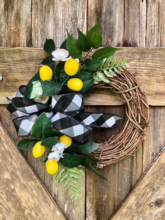 MINI LEMON grapevine Wreath, Summer wreath, lemon wreath, spring wreath, farmhouse wreath, lemon decor, buffalo check ribbon wreath