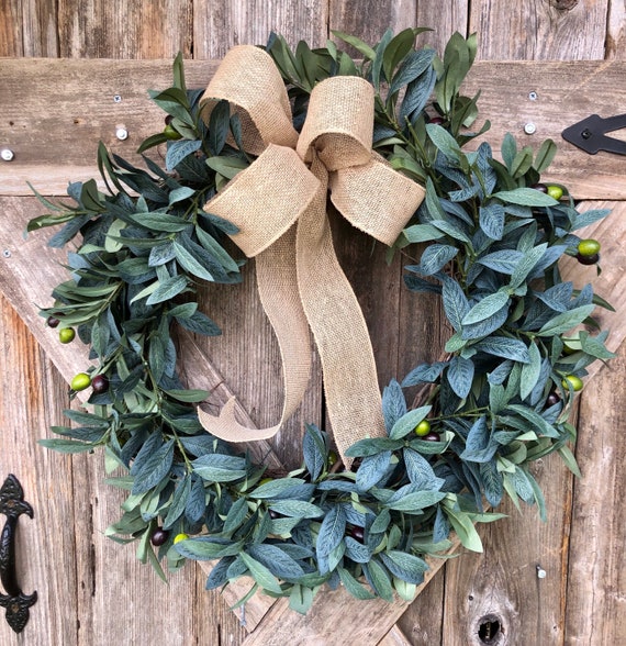 GREENERY OLIVE WREATH burlap bow, burlap ribbon wreath, olive and greenery decor, everyday leaves wreath