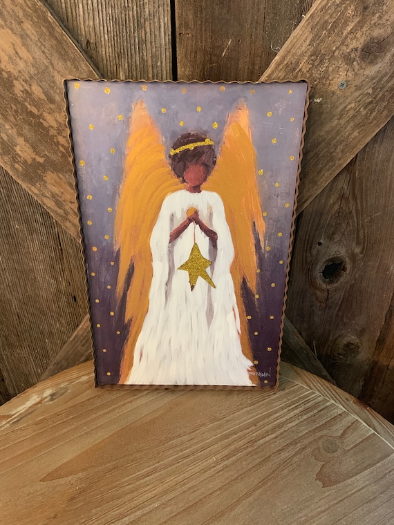 CHRISTMAS ANGEL African American GOLD star sign, Angel Metal Sign, Angel Rustic Metal Framed Sign, black gold angel sign