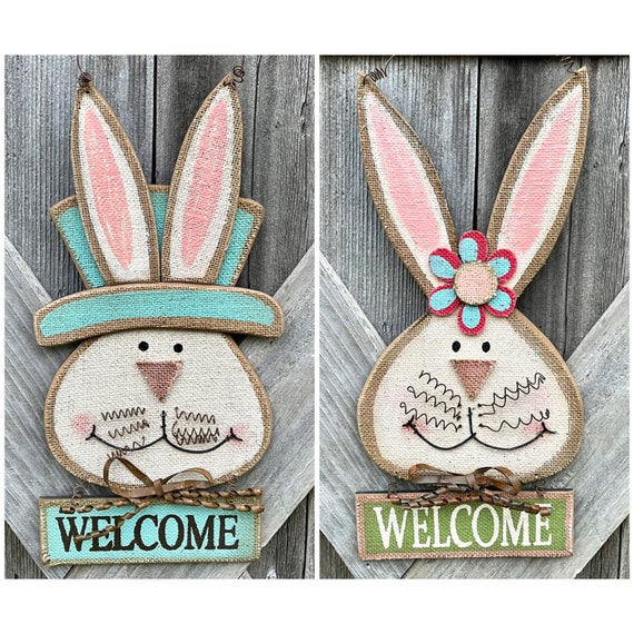 WELCOME Spring BOY and GIRL Bunny Easter Sign, wood door sign, easter decor, easter sign