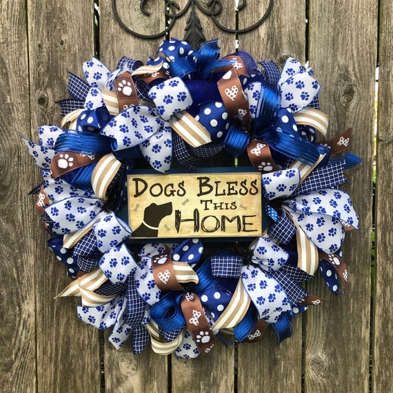 DOG WREATH, Dogs bless this home wreath, dog sign, dog deco mesh wreath