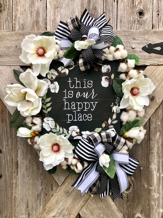 THIS is OUR HAPPY Place wreath Grapevine wreath, spring white magnolia cotton wreath