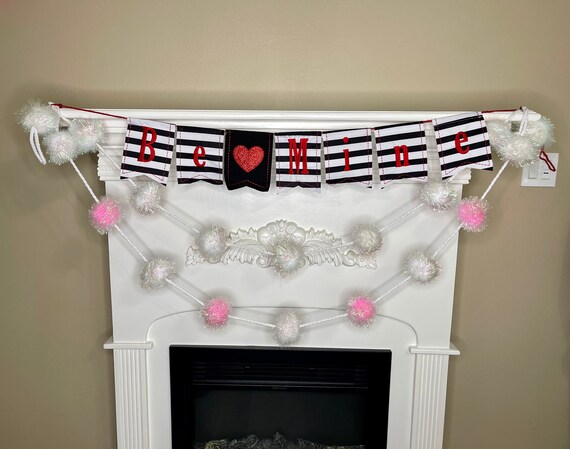 PINK and White POM POM garland, Valentines decor, Valentines fireplace mantle pom pom garland