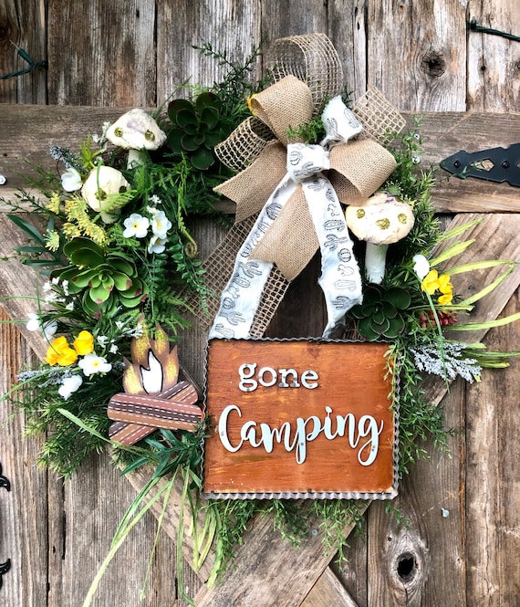 GONE CAMPING Wreath, gone camping sign, camping decor, succulent outdoor wreath, camping decor, camping sign, cactus mushroom wreath