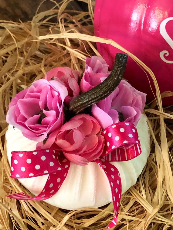 PINK breast cancer awareness plush velveteen PUMPKIN, Fall pink rose pumpkin, MIni white pInk pumpkin