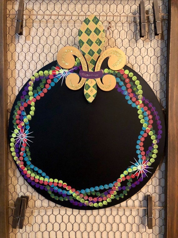 Mardi Gras CHALKBOARD sign, Round Top metal sign, bead sign, Mardi Gras decor