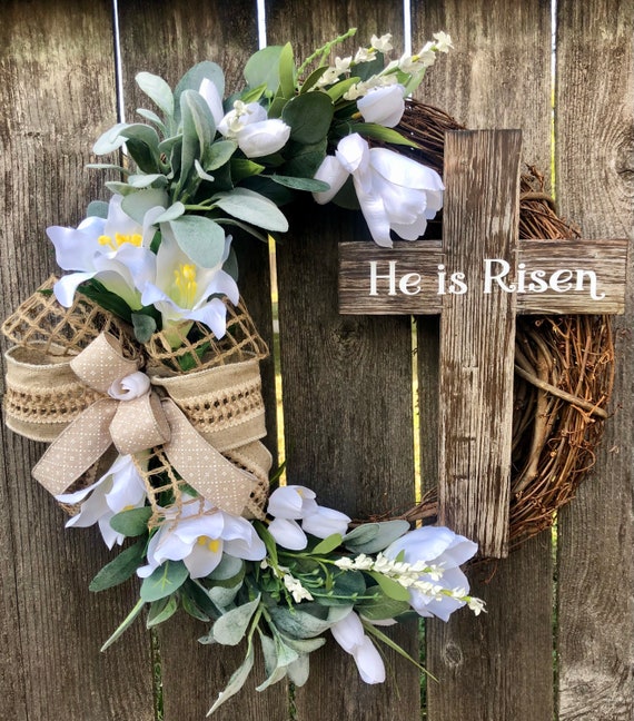 HE IS RISEN Spring Easter Wreath, tulip Lilly wreath, easter door decor, he is risen cross, spring wreath, cross wreath, he is risen sign