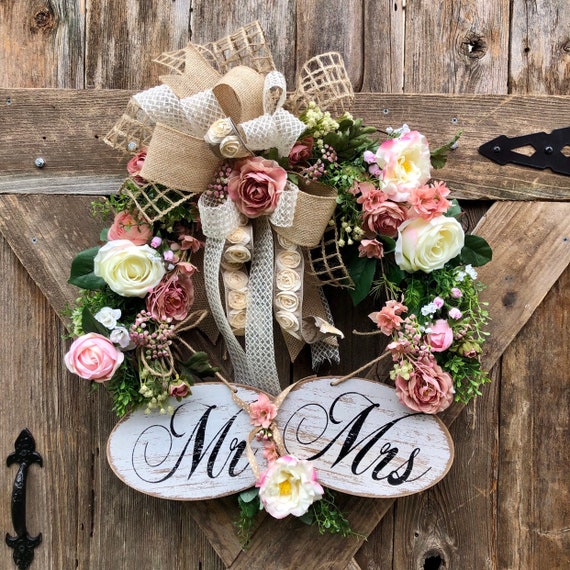 MR and MRS WEDDING Wreath, dusty rose wreath, wedding decor, rose peony wedding grapevine wreath