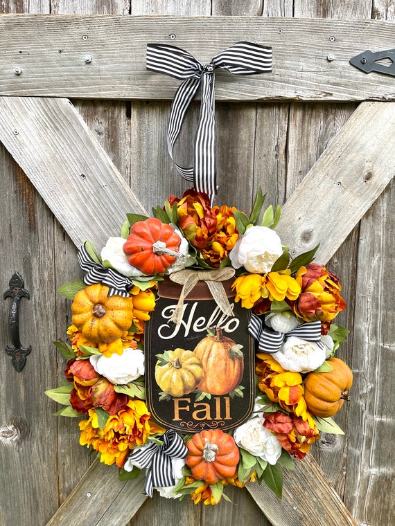 HELLO FALL Orange white pumpkin Wreath , Orange Fall Flower wreath, Fall wreath, autumn wreath