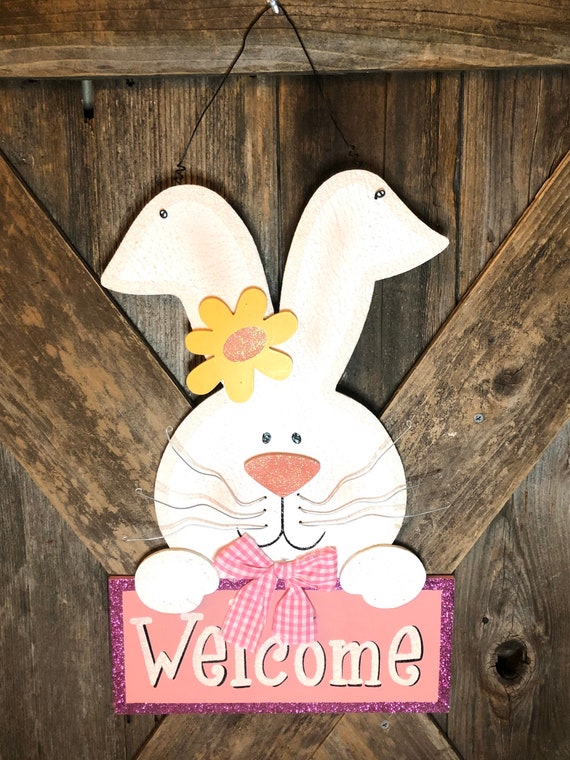 WELCOME Spring BUNNY Easter Sign, wood door sign, easter decor, easter sign