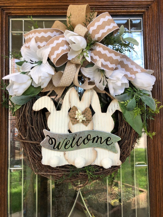 Welcme Spring BUNNY Easter Wreath with burlap ribbon, easter decor, door wreath, spring tulip Lilly wreath, white tulip wreath