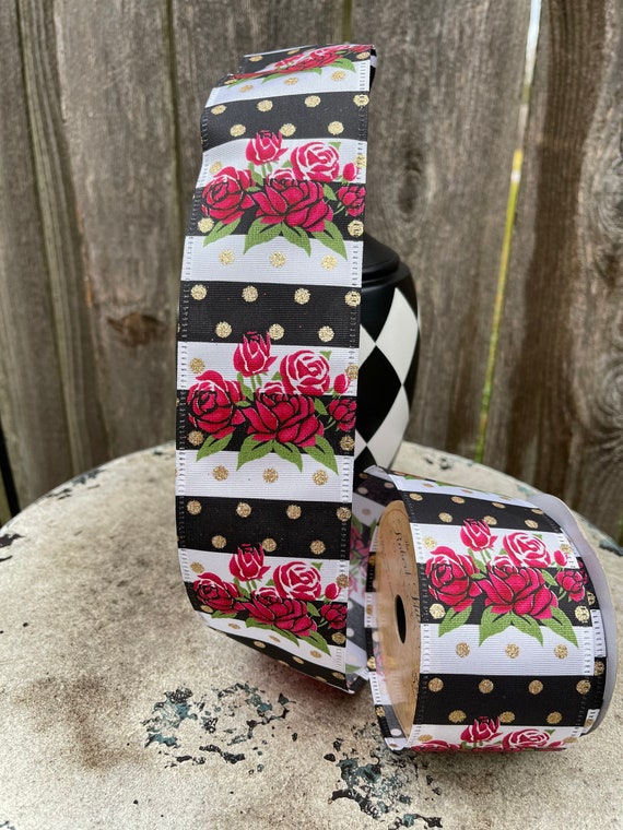 Black and white ROSE wired RIBBON with gold dots VALENTINES everyday ribbon