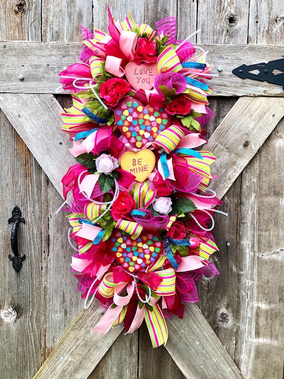Conversation heart VALENTINES WREATH, love heart swag, front door wreath