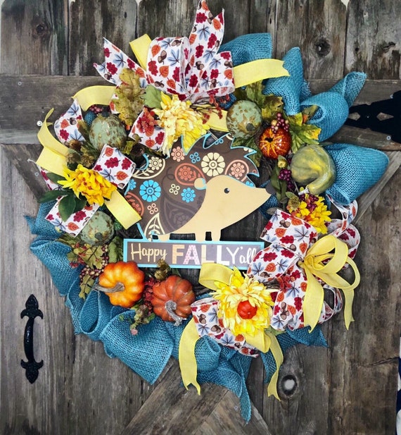 HEDGEHOG TURQUOISE Fall WREATH, Fall burlap grapevine wreath, Happy Fall Yall wreath