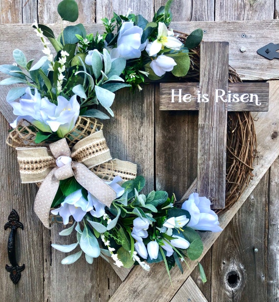 HE is RISEN FULL Spring Easter Wreath, tulip Lilly wreath, easter door decor, he is risen cross, spring wreath
