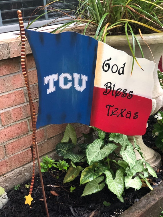 TCU sign, God Bless Texas metal yard wall sign, Patriotic metal sign, Round Top Collection sign, flag yard art, TCU flag sign