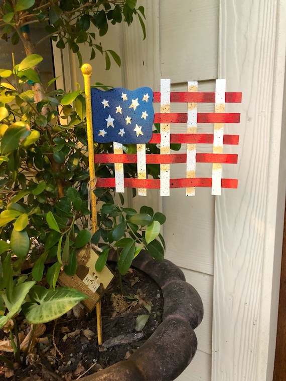 PATRIOTIC Mini Woven FLAG metal sign, Round Top Collection sign, flag yard art