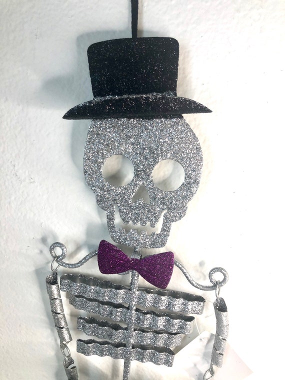 SKELETON glittered HALLOWEEN sign, skeleton wreath sign, bow tie skeleton hanging sign