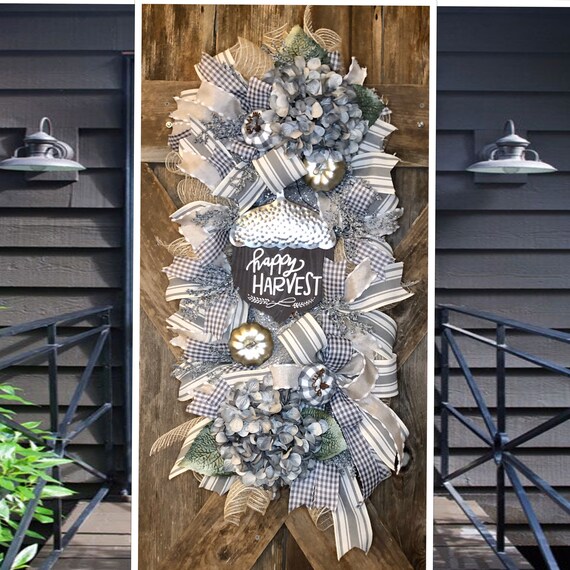Happy Harvest FALL FARMHOUSE GREY buffalo check silver pumpkin Swag, farmhouse fall decor, grey fall decor, fall grey tan wreath