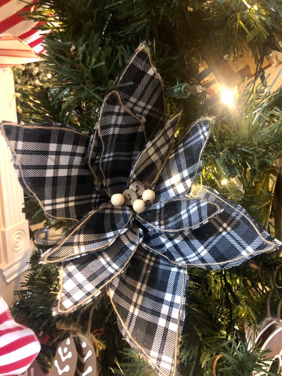 BLACK GREY CHECKERED Flower, Flower Decoration, Black and Gray Plaid Poinsettia, Artificial Poinsettia, Poinsettia, Black and White Plaid