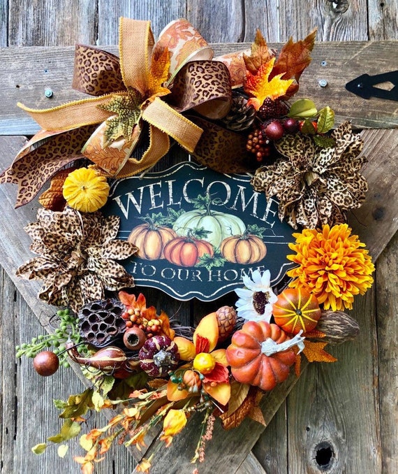 FALL PUMPKIN WREATH, Fall burlap bow grapevine cheetah accent wreath, welcome to our home pumpkin sign