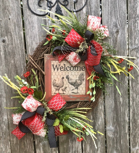 WELCOME TO The COOP Rooster grapevine Wreath, country wreath, everyday wreath, rustic wreath, rooster decor