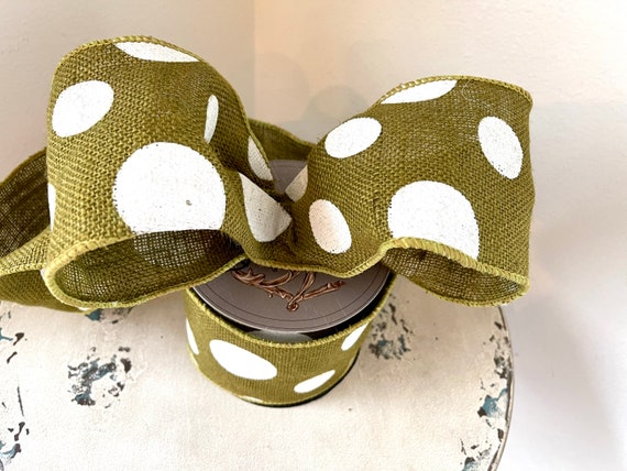4 Inch GREEN POLKADOT BURLAP Ribbon, Fall Ribbon