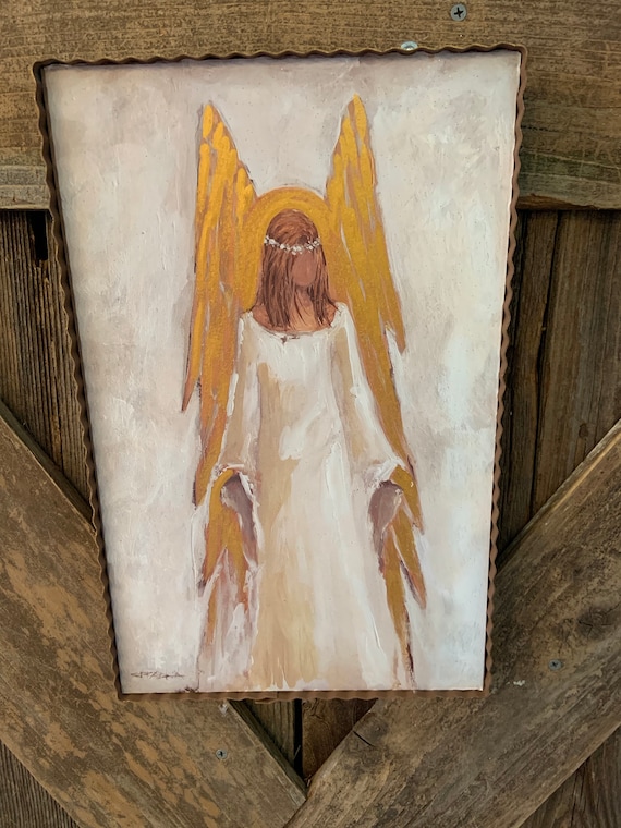 CHRISTMAS gold ANGEL Vintage Wood Metal frame sign, Angel Metal Sign, Angel Rustic Metal Framed Sign, gold white Christmas angel Sign