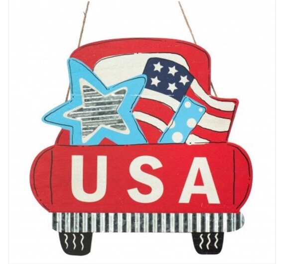 USA PATRIOTIC truck sign, July 4th sign, USA wreath sign, patriotic decor, red white blue truck wall sign