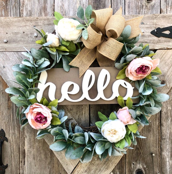 HELLO PEONY GREENERY lambs ear and Wreath with burlap ribbon