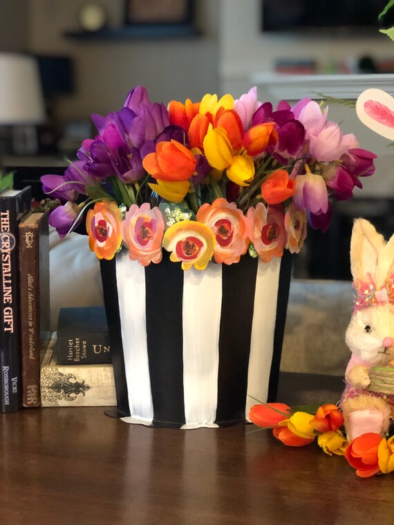 ROSE BASKET metal vase Container, Black and White metal container edged with painted roses, black bucket
