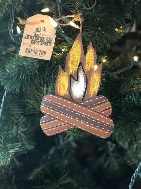 CAMPFIRE GLITTER CHRISTMAS metal ornament, Christmas ornament, Christmas Decor, Camping ornament, campfire glitter decorations