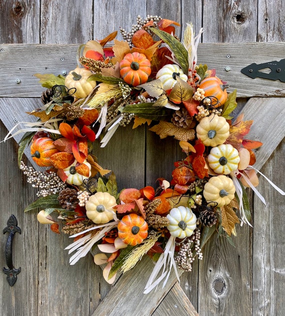 PUMPKIN FALL Wreath , Orange White and tan pumpkin wreath, Fall wreath, autumn wreath