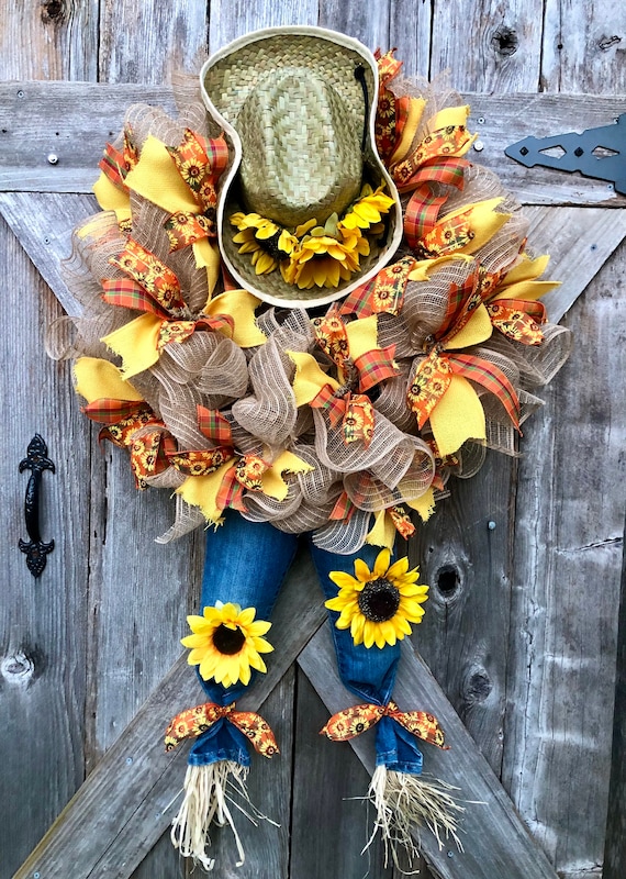 FALL COWBOY Sunflower Scarecrow Mesh WREATH, cowboy hat and jeans scarecrow wreath, scarecrow sunflower mesh wreath, sunflower fall decor