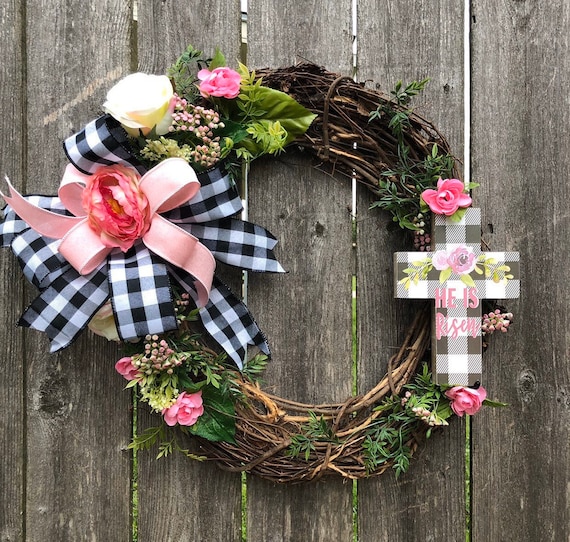 HE is RISEN buffalo check and pink roses Spring Easter Wreath