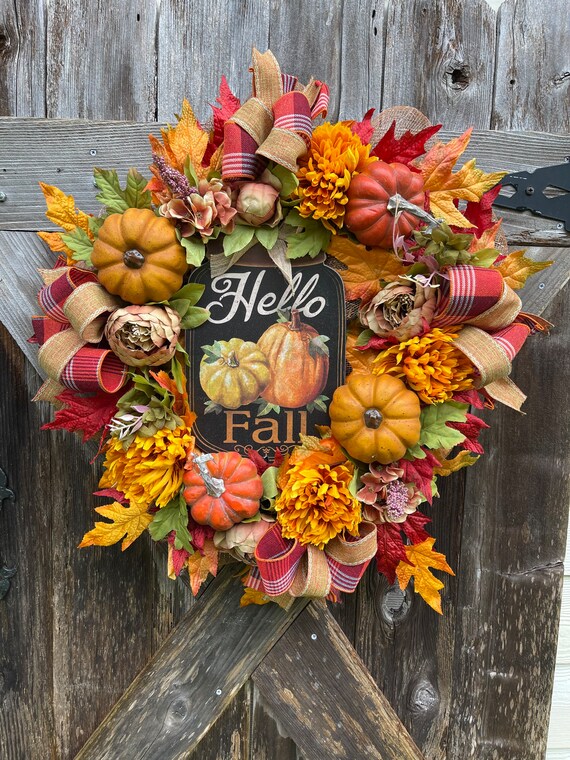 HELLO FALL Orange pumpkin Wreath , Orange Fall Flower wreath, Fall wreath, autumn wreath