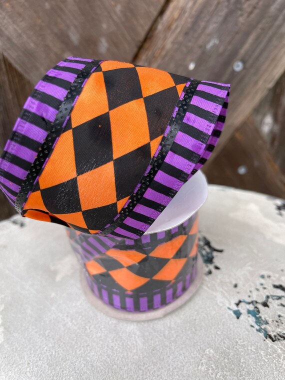 HALLOWEEN Orange purple and black harlequin RIBBON