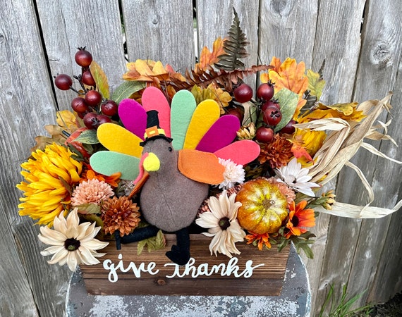 THANKSGIVING ARRANGEMENT, GIve Thanks Wood Box Container, Turkey Fall FLower Arrangement, Thanksgiving Table Decor